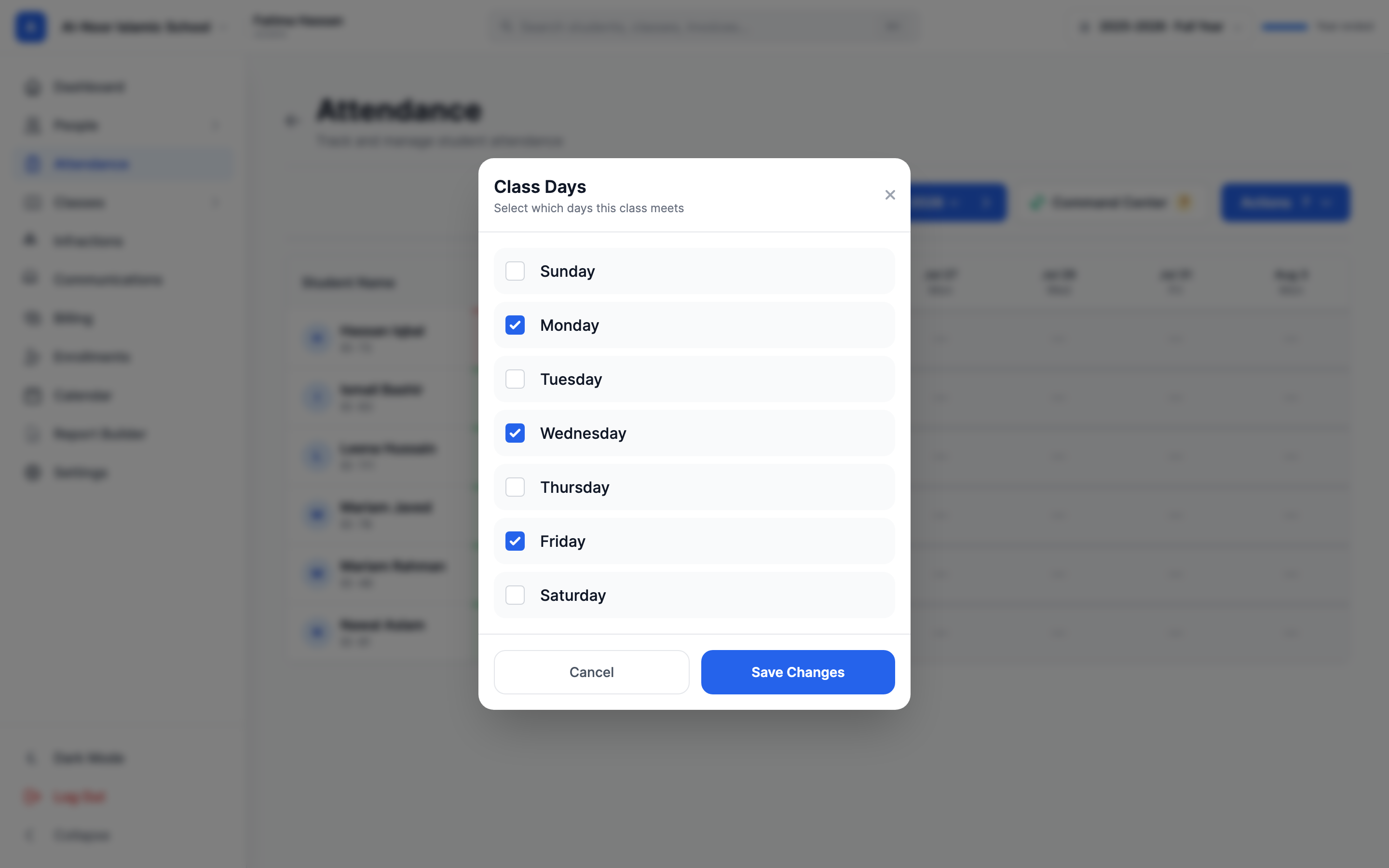The Class Days dialog titled 'Select which days this class meets', open over the attendance grid with checkboxes for each weekday — Monday, Wednesday, and Friday checked — and Cancel and Save Changes buttons.