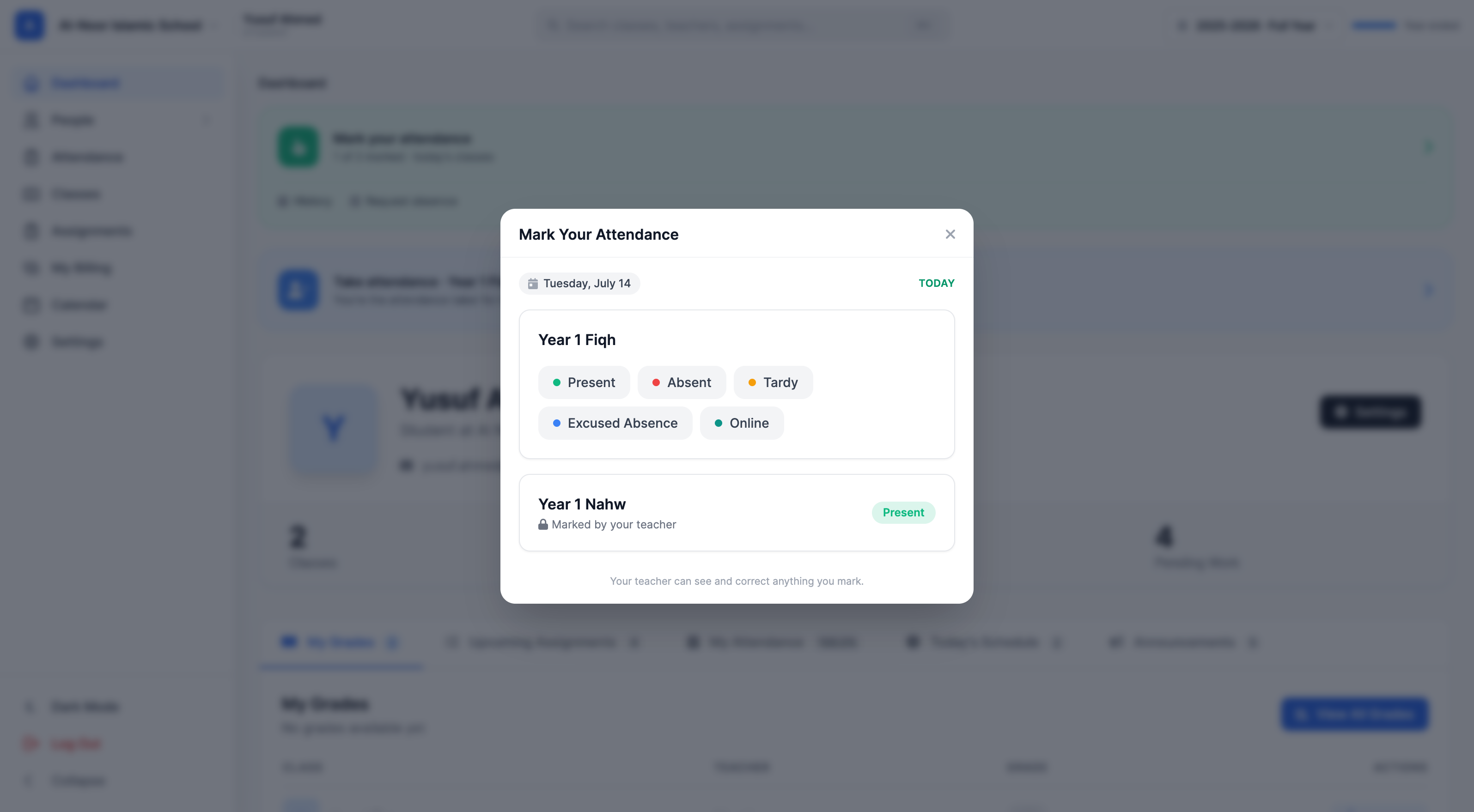 A student's Mark Your Attendance modal showing today's date, one card per class with colored status buttons including Online, a second class locked with a 'Marked by your teacher' note, and a footer explaining the teacher can correct anything they mark.