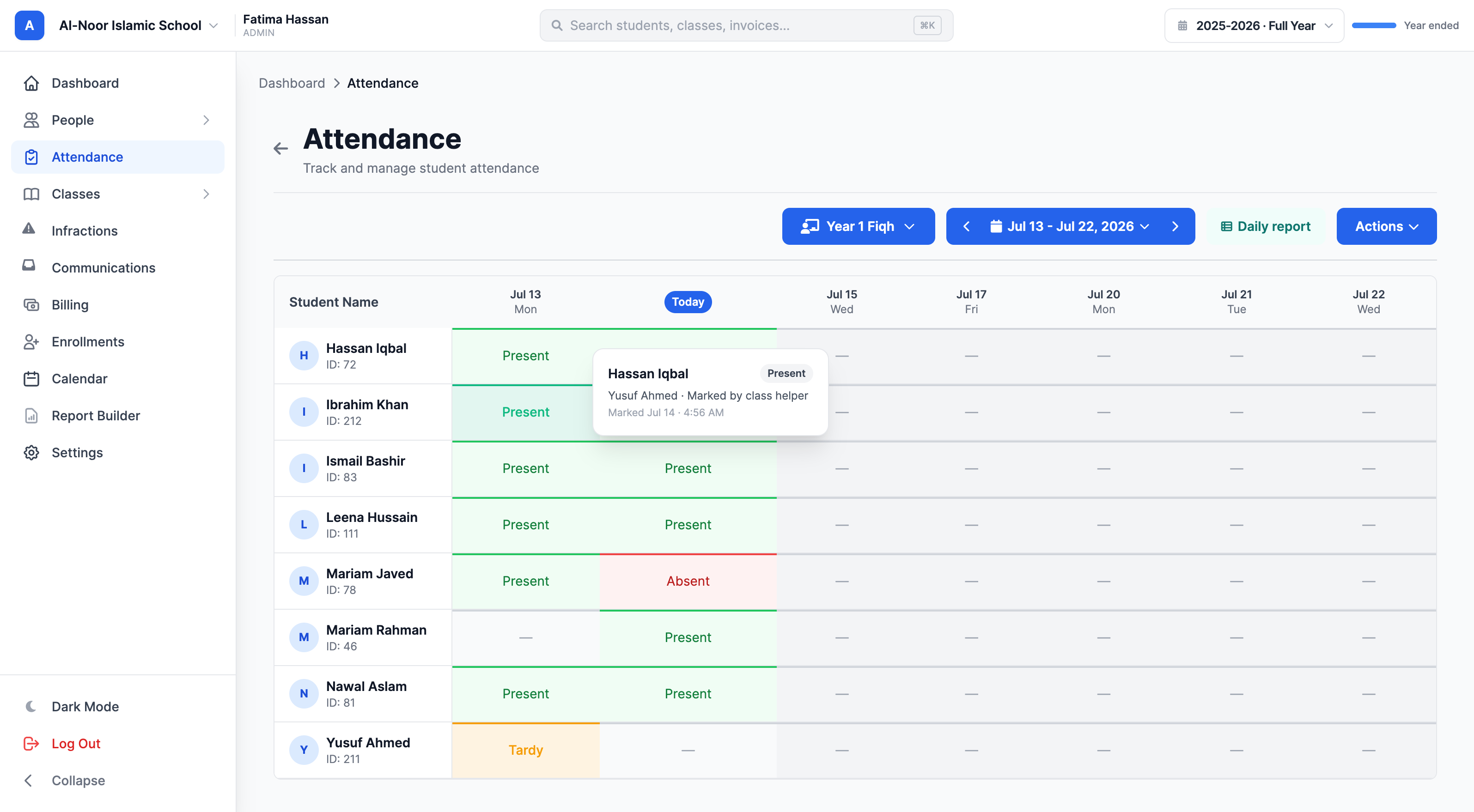 The attendance grid with the who-marked-it popover open on a Present cell, showing the student's name and status, 'Marked by class helper' with the helper's name, and the exact date and time of the mark.