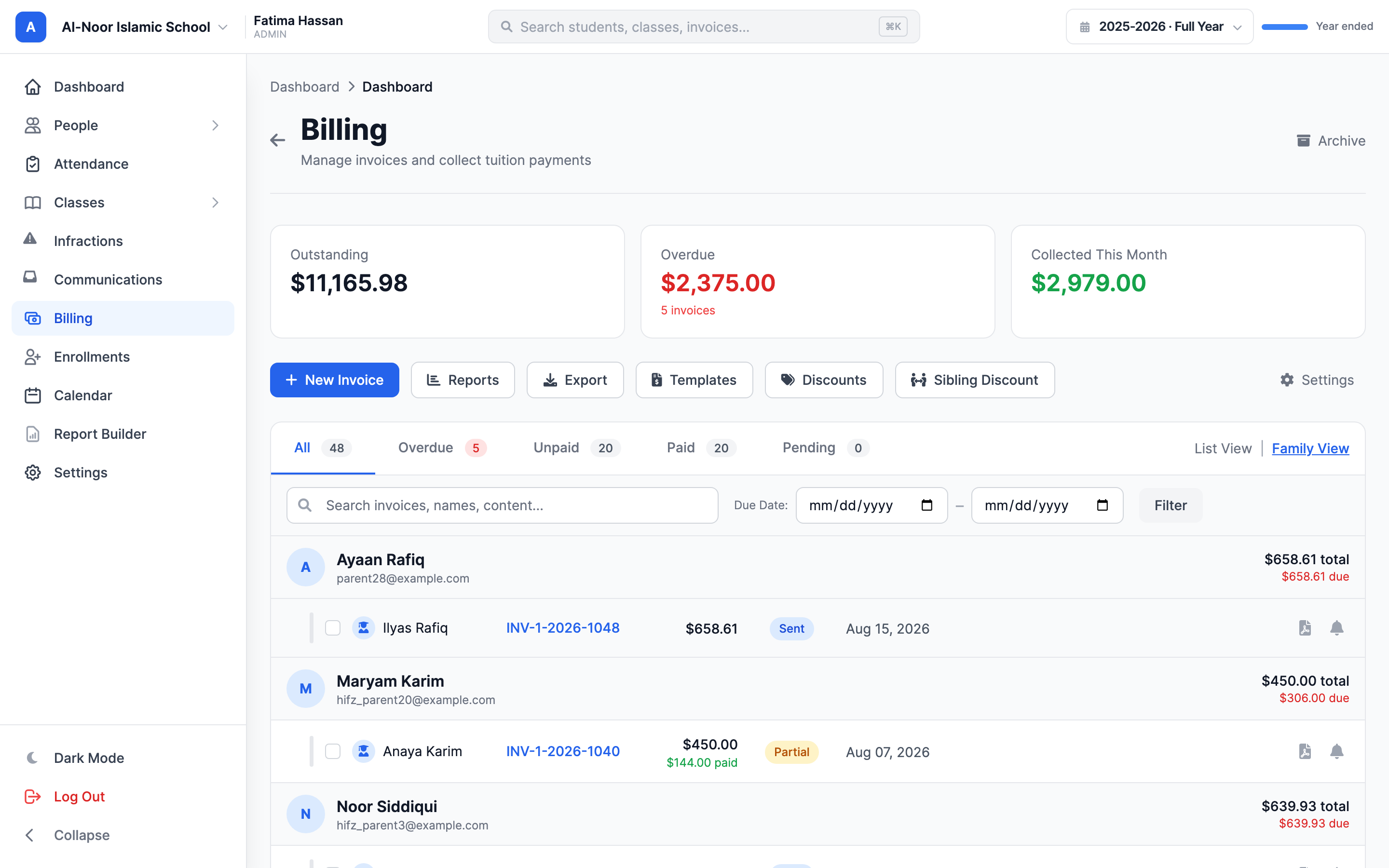 The Billing page for a school, showing the Outstanding, Overdue, and Collected This Month stat cards, the New Invoice, Reports, Export, Templates, Discounts, Sibling Discount, and Settings buttons, and the invoice list with All, Overdue, Unpaid, Paid, and Pending tabs.