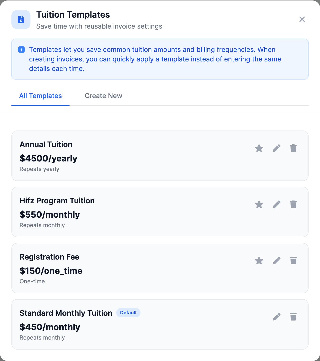 The Tuition Templates modal with the subtitle 'Save time with reusable invoice settings', showing the Template Name, Amount, and Billing Frequency fields and the list of existing templates, one of which carries a Default badge.