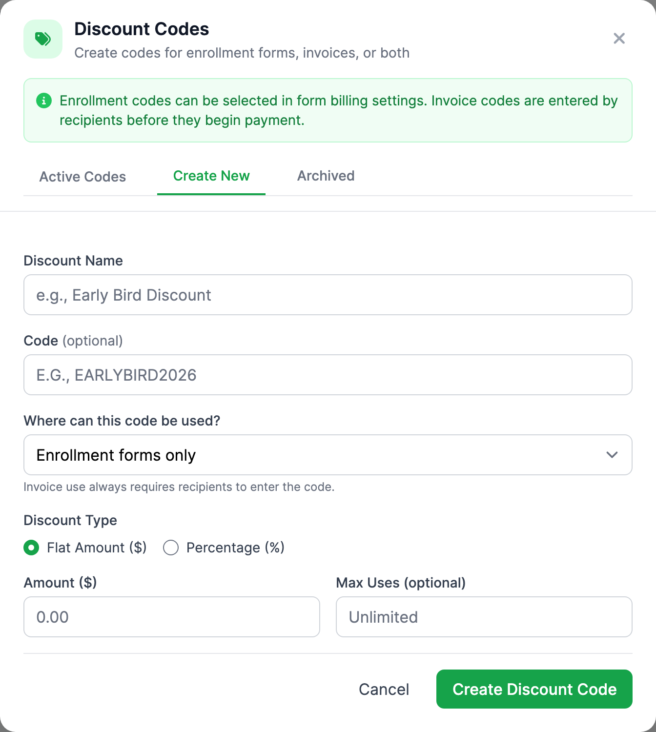 The Create New tab of the Discount Codes panel showing the Discount Name, Code, usage location, Flat Amount versus Percentage, Amount, and Max Uses fields.
