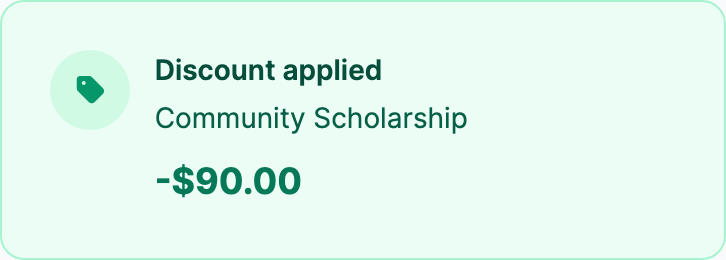 An invoice discount card showing Discount applied, Community Scholarship, and the amount removed from the invoice.
