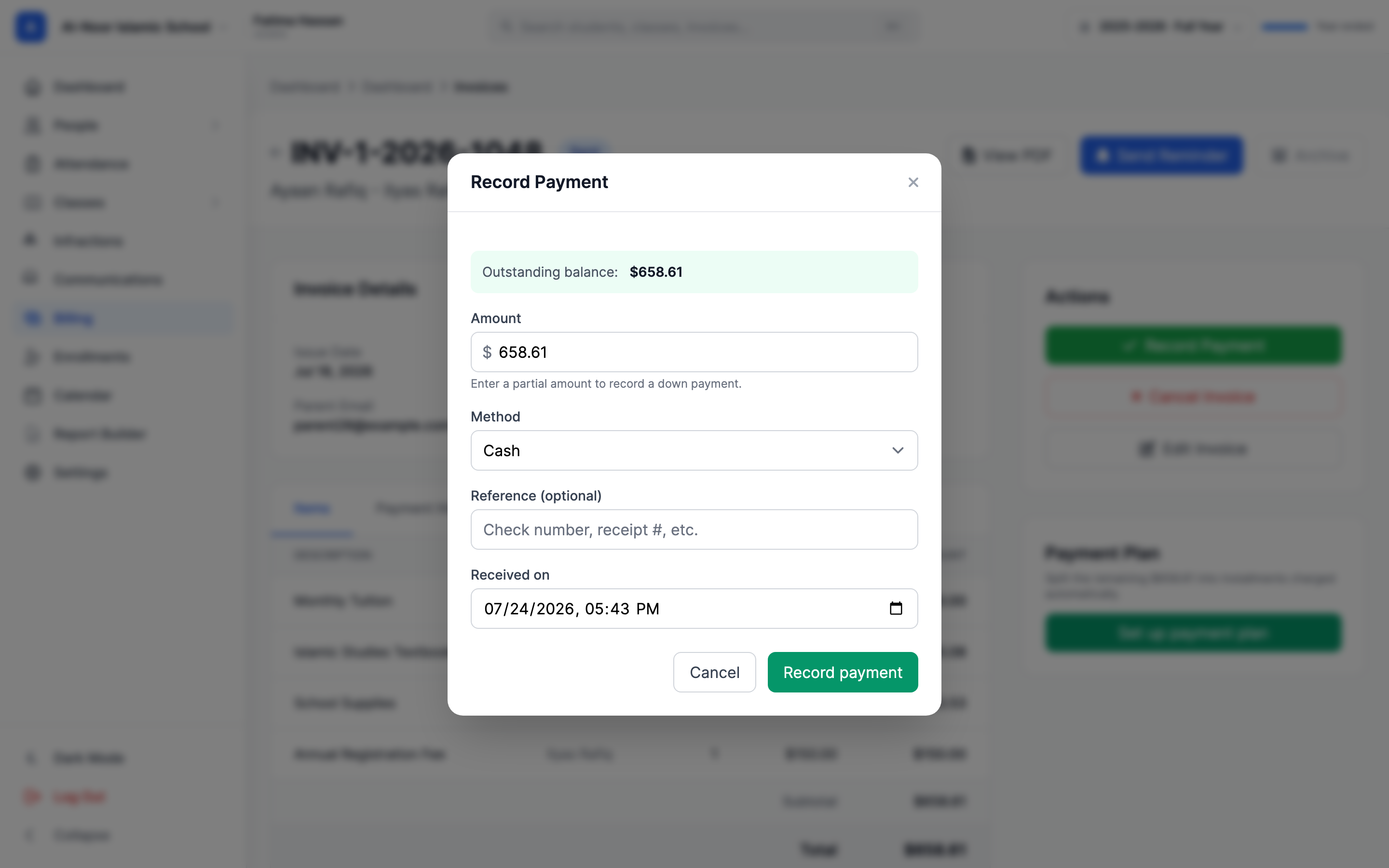 The Record Payment panel open over the invoice, showing the Outstanding balance at the top, the Amount field pre-filled with the balance, the Method dropdown set to Cash, the optional Reference field, the Received on date-time field, and the green Record payment button.