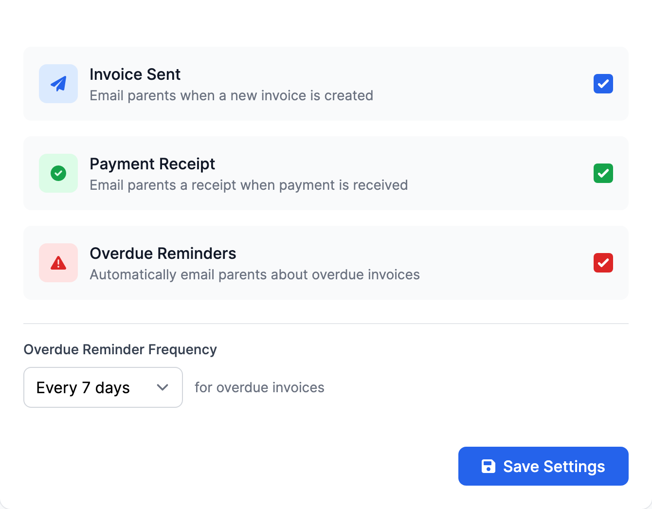 The Email Notifications panel on the Payment Setup page with toggles for Invoice Sent, Payment Receipt, and Overdue Reminders, an Overdue Reminder Frequency dropdown, and a blue Save Settings button.
