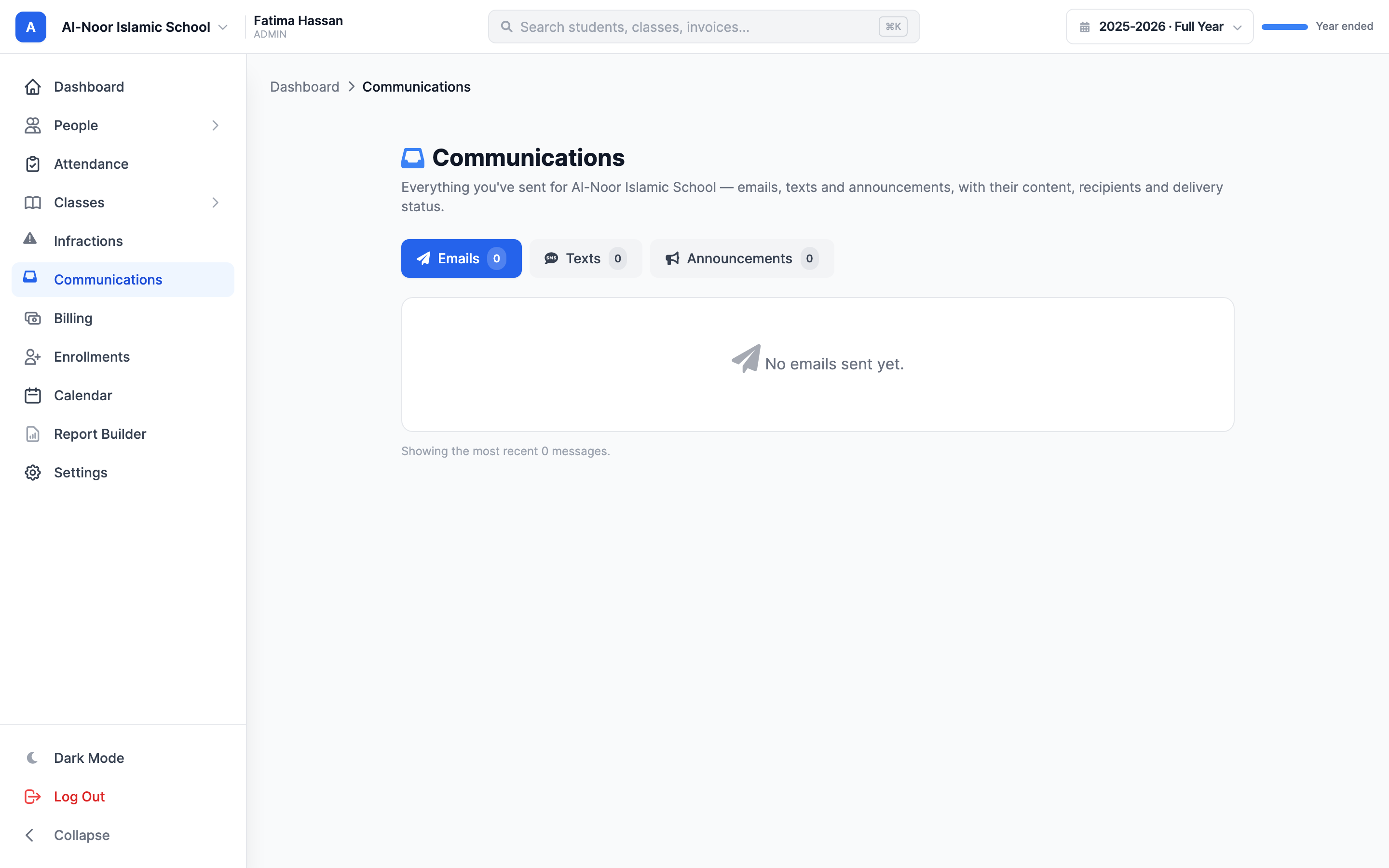 The Communications hub page with the Emails and Texts tabs, each showing a count badge, and a list of sent emails showing the subject, sender, time sent, and recipient count for each row.