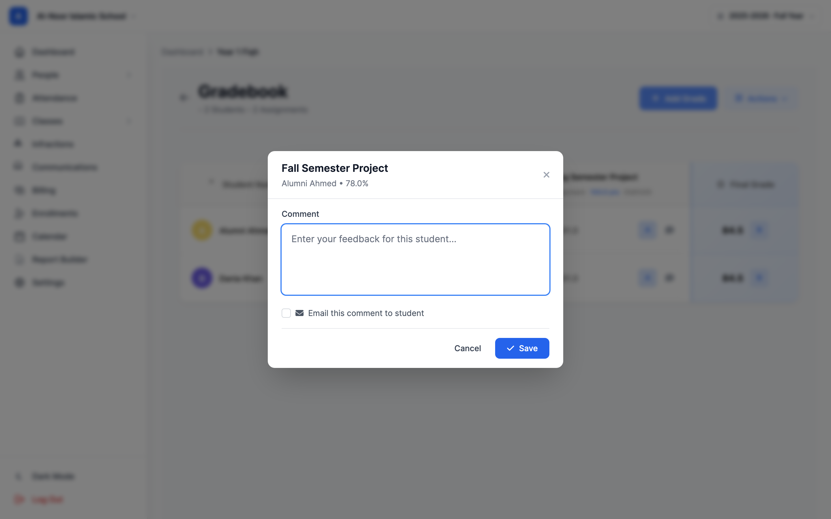 The Add Comment window for a single grade: a header showing the student's name and the grade percentage, a Comment text box with feedback typed in, an 'Email this comment to student' checkbox, and Cancel and Save buttons.
