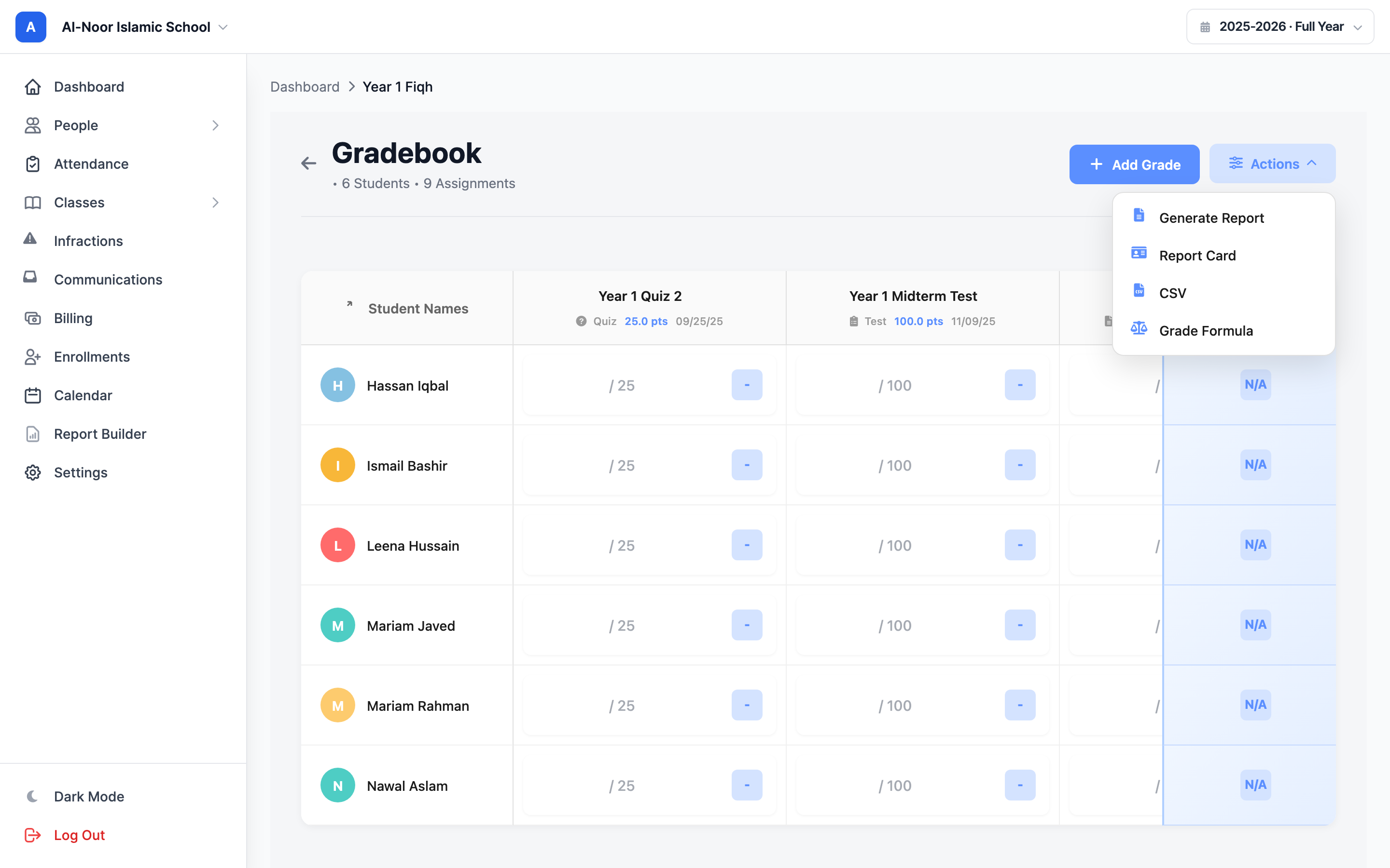 A class gradebook page with the top action bar showing the Grade Formula button next to Generate Report, CSV, and Add Grade buttons.