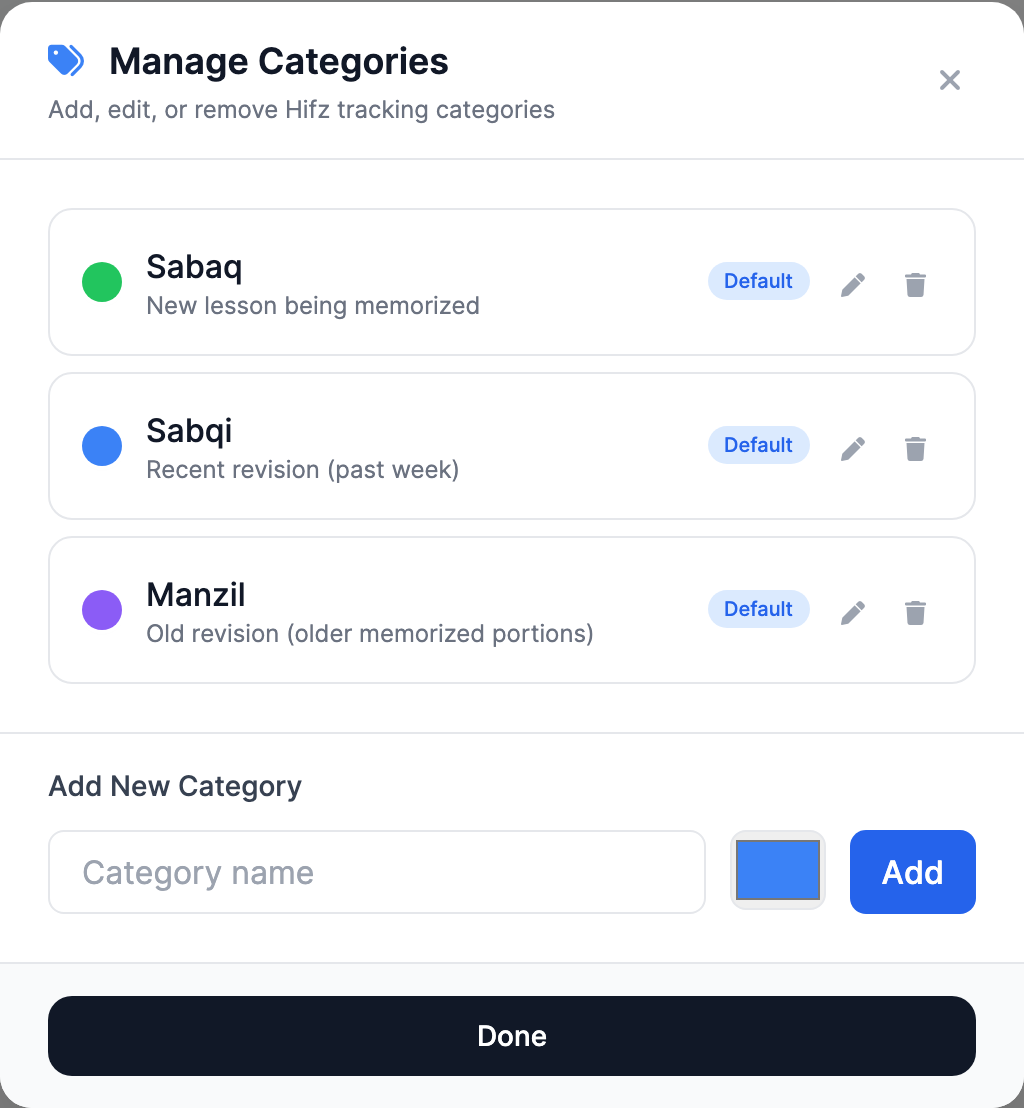 The Manage Categories modal with a list of color-coded Hifz categories such as Sabaq, Sabqi and Manzil, an Add New Category row with a name field, a color picker, and an Add button.