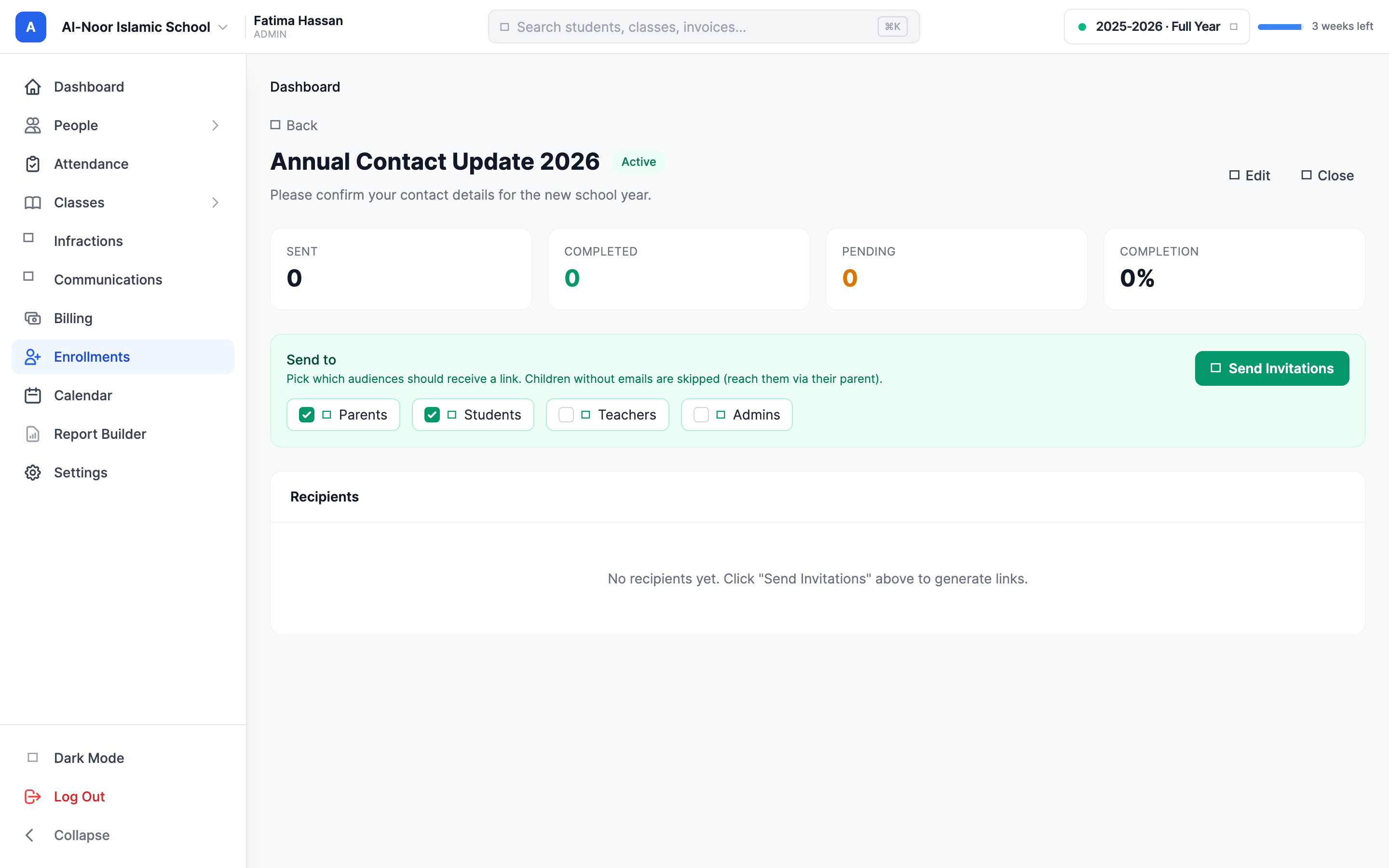 A form's detail page showing the Sent, Completed, Pending, and Completion stat cards, and the green 'Send to' panel with checkboxes for Parents, Students, Teachers, and Admins and a 'Send Invitations' button.
