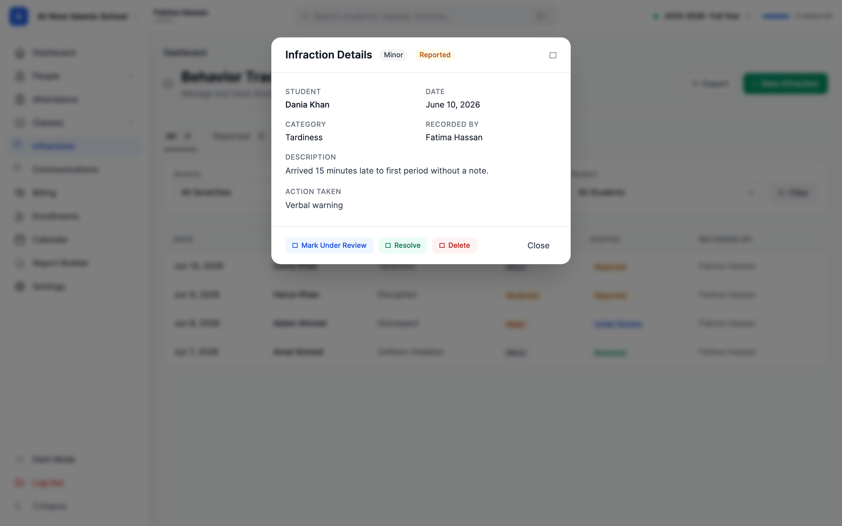 The Infraction Details modal showing severity and status badges next to the title, the student name, date, category and recorded-by fields, the description and action-taken text, and action buttons including Mark Under Review and Resolve at the bottom.