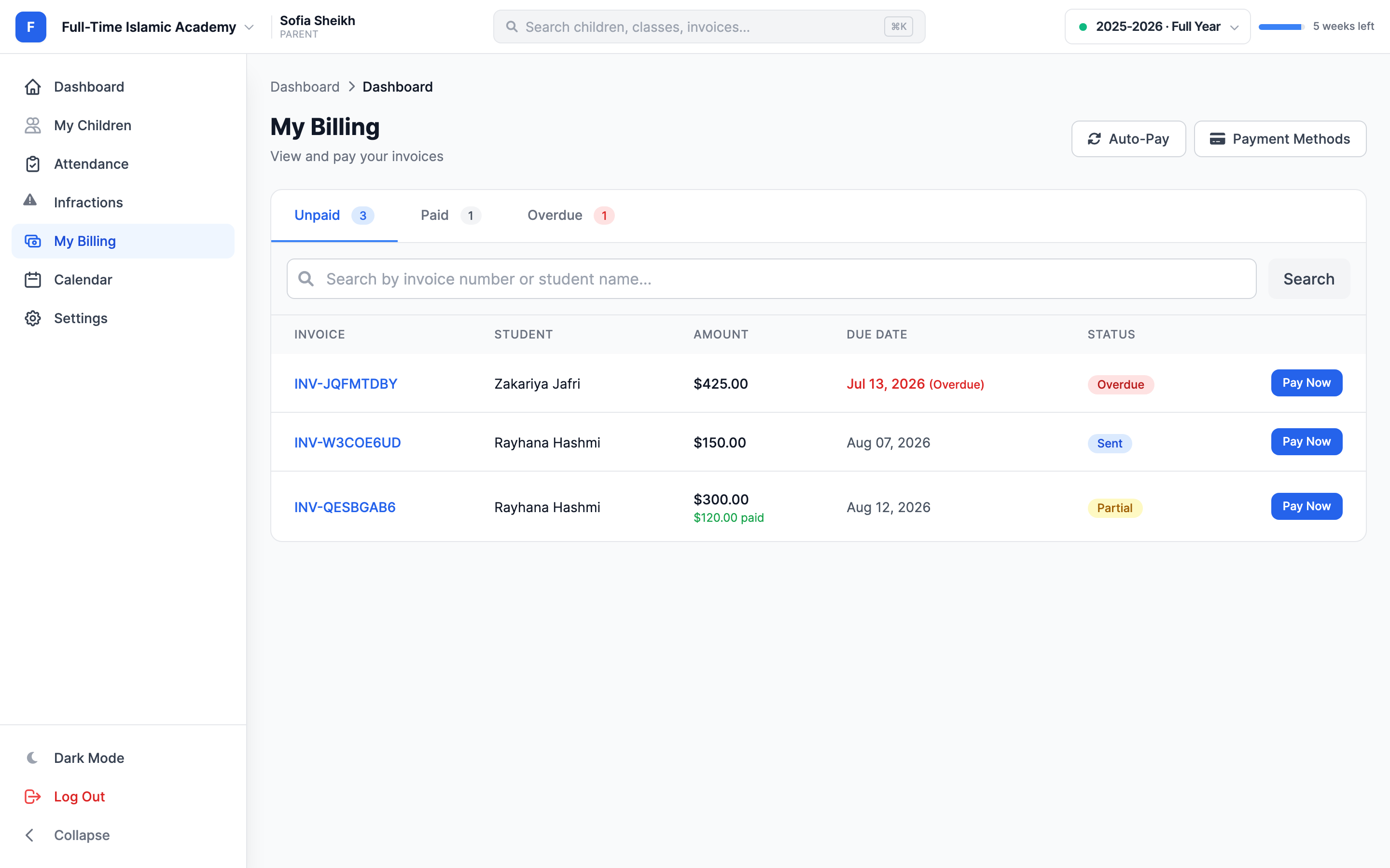The My Billing page with tabs for Unpaid, Paid and Overdue each showing a count, a search box, and a table of invoices listing invoice number, student, amount, due date and a status badge, with a blue Pay Now button on every unpaid row.