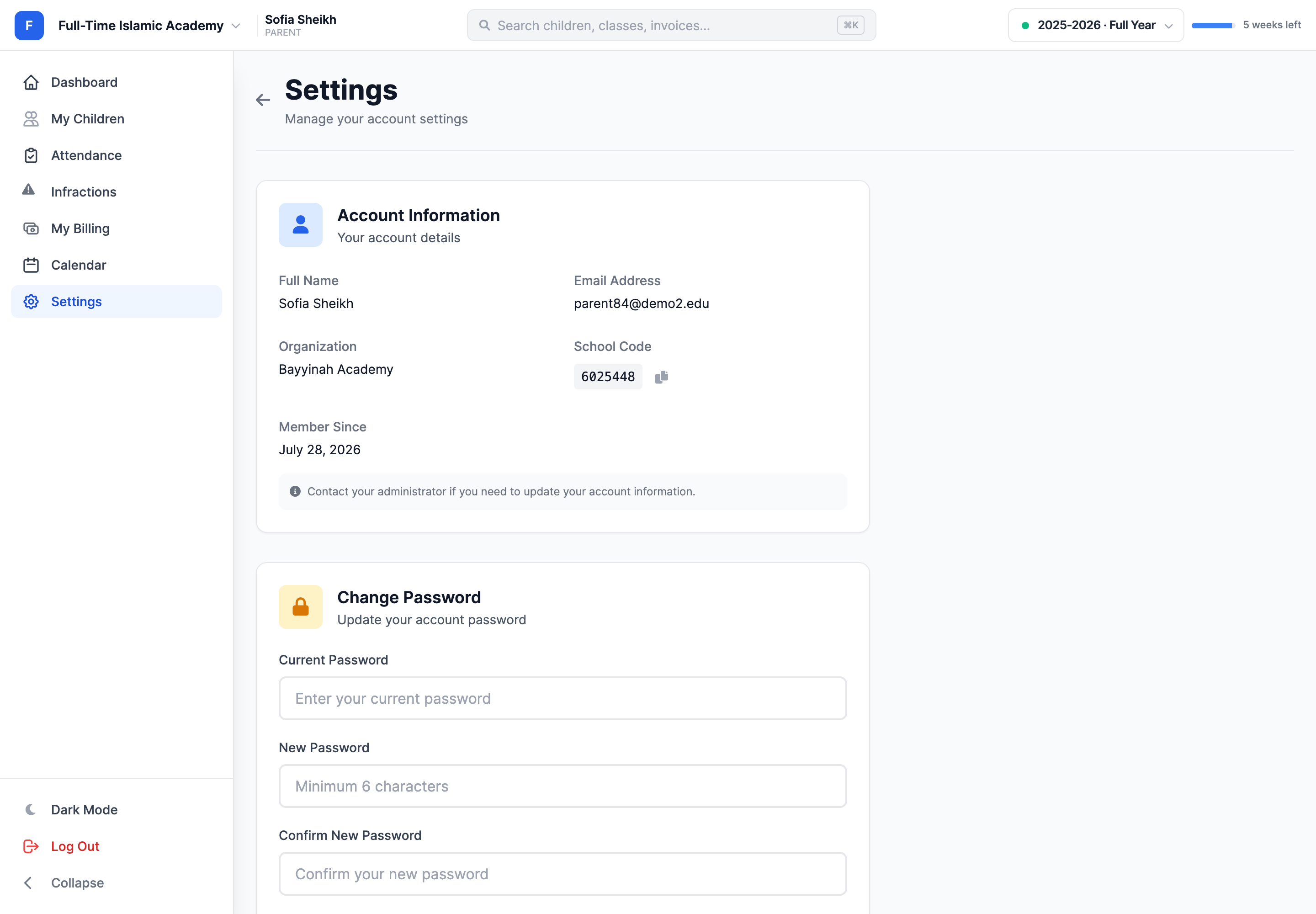 The parent Settings page showing an Account Information card listing full name, email address, organization, school code and member since date, a note saying to contact your administrator to update account information, and a Change Password card with current, new and confirm password fields.