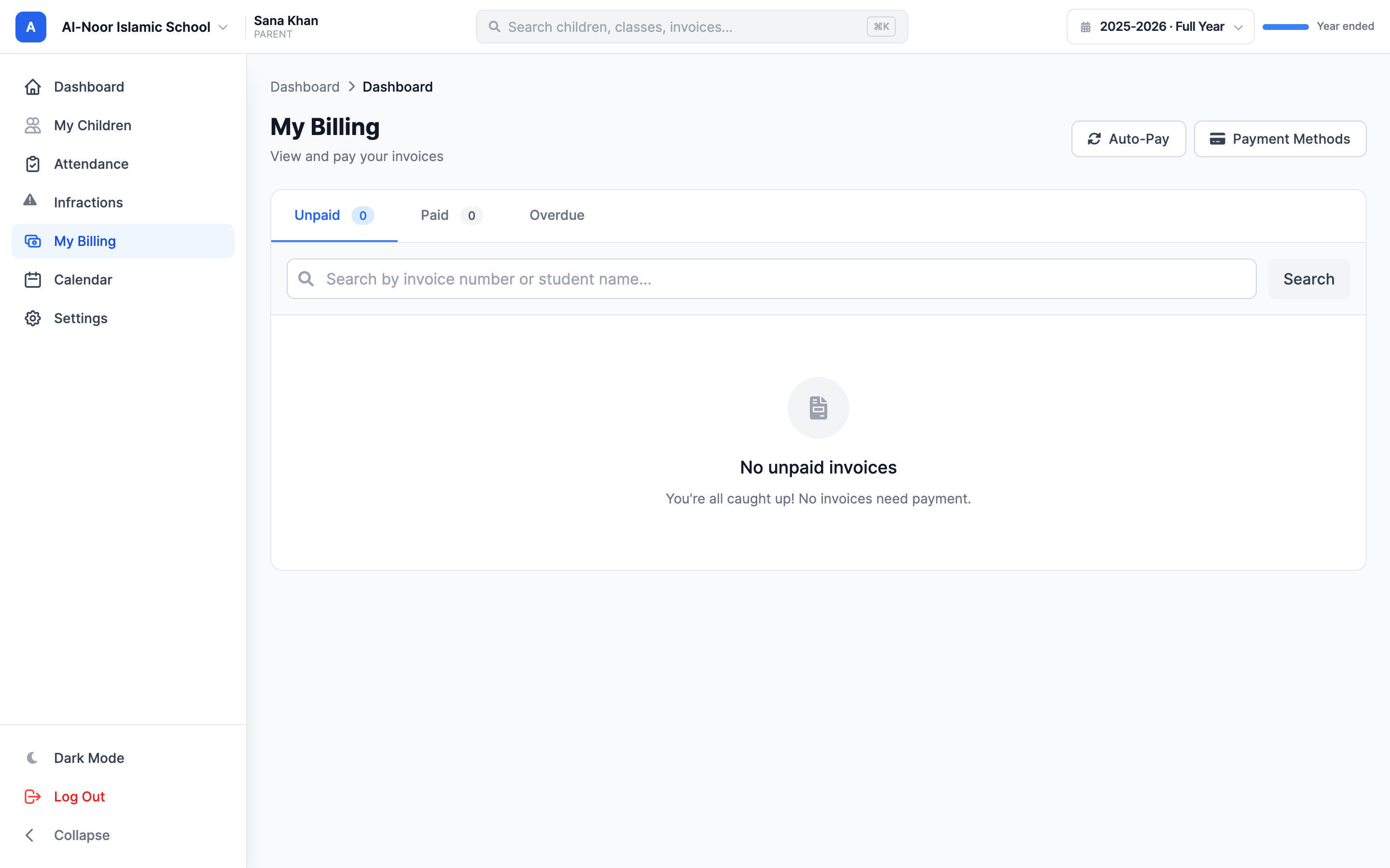The parent My Billing dashboard showing the Unpaid, Paid, and Overdue tabs with counts, a search box, and a table of invoices with columns for Invoice, Student, Amount, Due Date, Status, and a blue Pay Now button on each unpaid row.