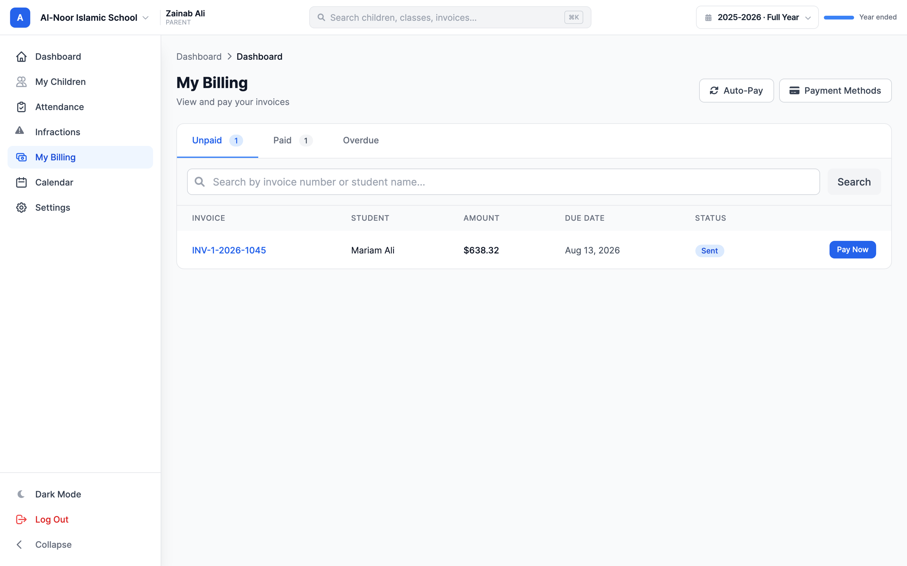 The Pay Invoice window with a Payment Amount field and a Pay Full Amount link on the left, the secure Stripe card entry box below it, a blue Pay button, and an Invoice Summary panel on the right listing the invoice number, student, due date, total, and amount due.