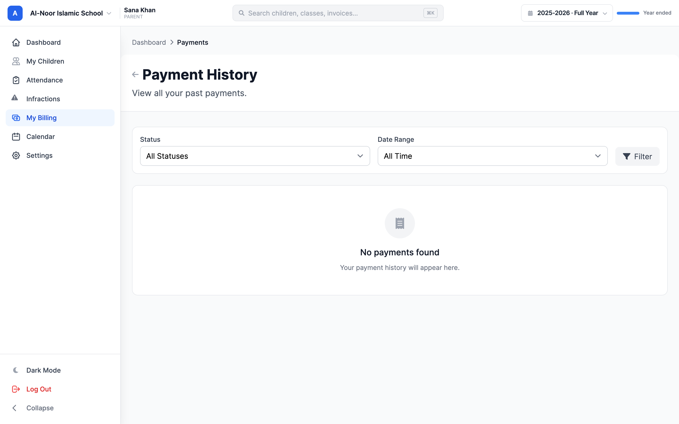 The Payment History page with Status and Date Range filter dropdowns, a table listing each payment's date, invoice number, amount, and a green Succeeded badge, a PDF download icon per row, and summary cards at the bottom showing Total Paid, Transactions, and Last Payment.