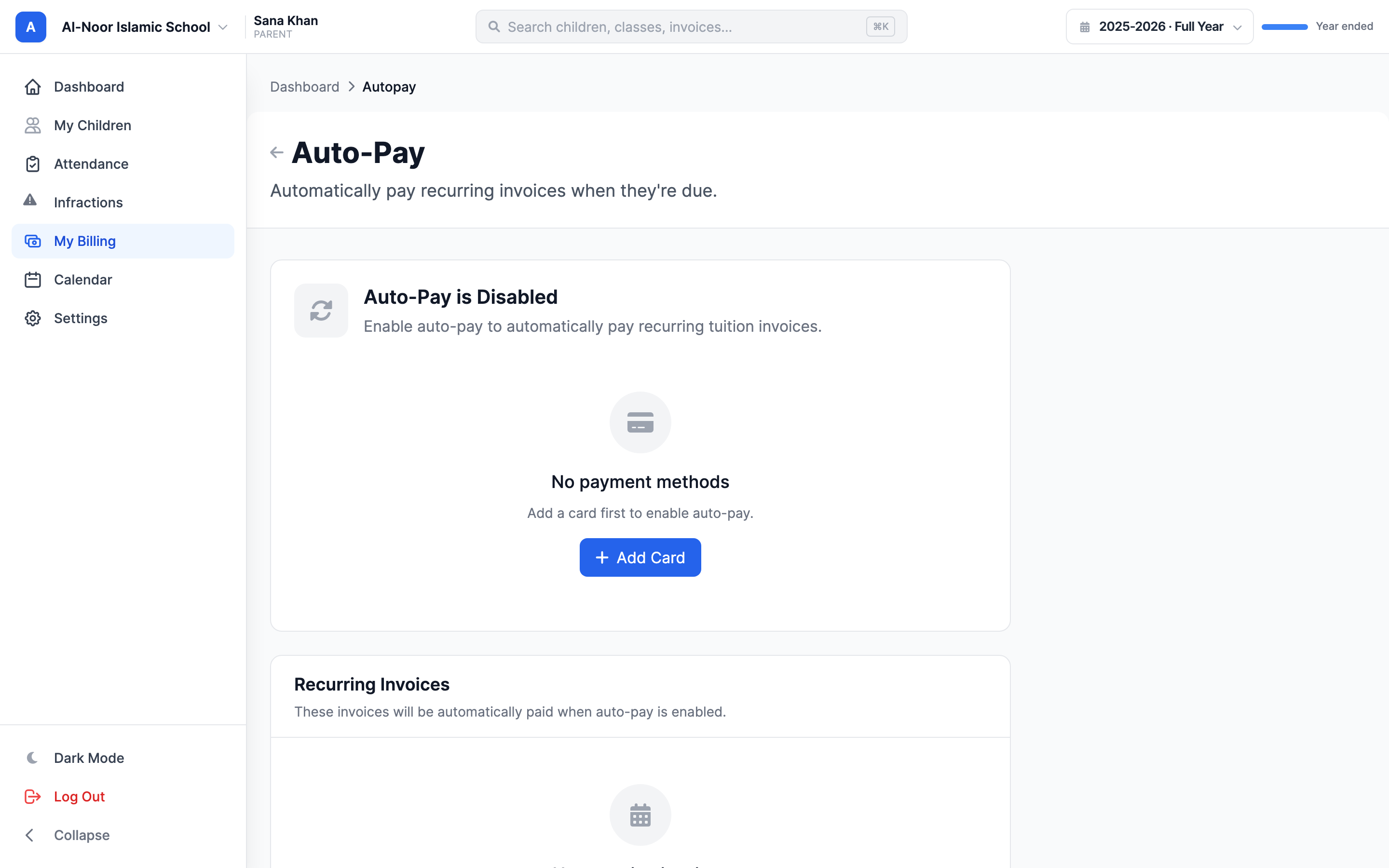 The Auto-Pay page showing the Auto-Pay status card, the saved card selected for automatic payments with a Change Card link, a list of recurring invoices that will be paid automatically, and a blue How Auto-Pay Works information panel.