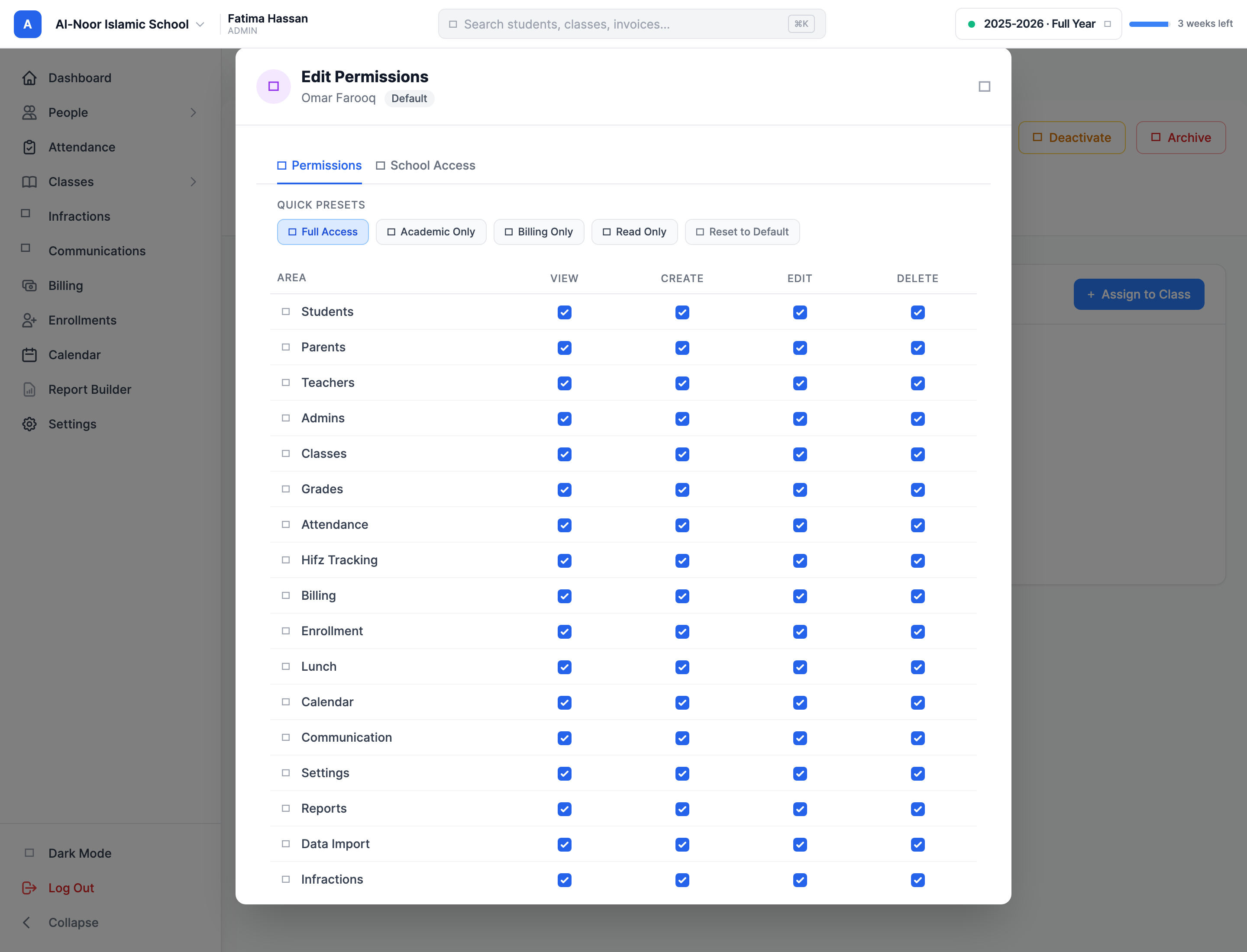 The Edit Permissions window showing Quick Presets (Full Access, Academic Only, Billing Only, Read Only, Reset to Default) above a grid of areas — Students, Parents, Teachers, Admins, Classes, Grades, Attendance, Hifz Tracking, Billing, Enrollment, and more — each with View, Create, Edit, and Delete checkboxes.
