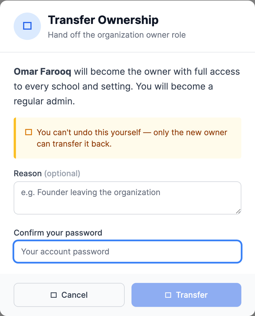 The Transfer Ownership window with a crown icon, text explaining the selected admin will become the owner with full access and the current user becomes a regular admin, an amber warning that it can't be undone, an optional Reason field, a 'Confirm your password' field, and Cancel and Confirm buttons.