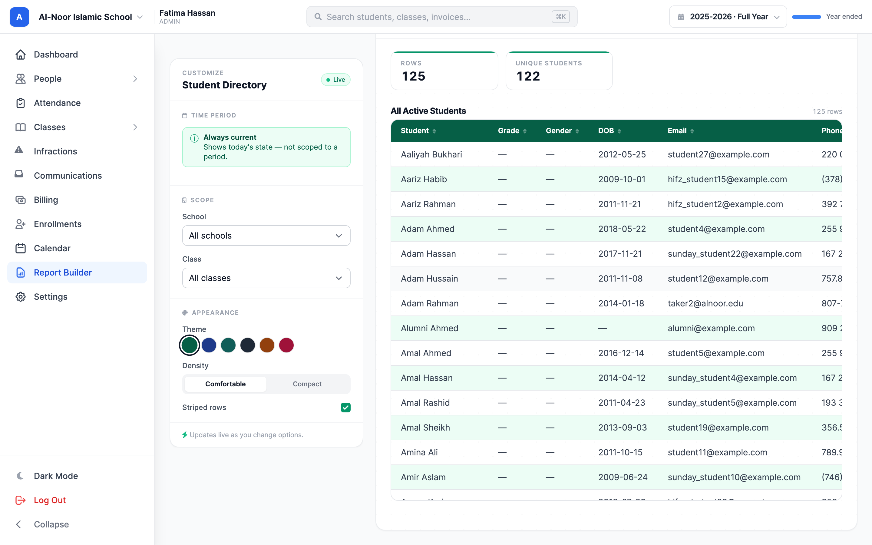 An open report showing the left Customize rail with Time period, Scope, Report options, and Appearance sections, a Live badge, and the live report document on the right with its title bar, Print, Export PDF, and Save buttons.
