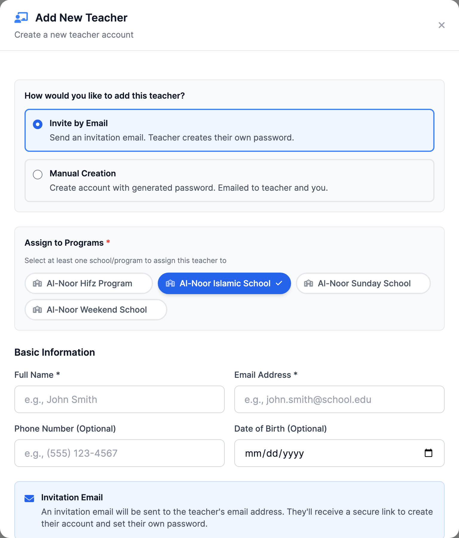 The Add New Teacher window showing the two creation options (Invite by Email and Manual Creation), the Assign to Programs school pills, the Full Name and Email Address fields, and the blue Send Invitation button.