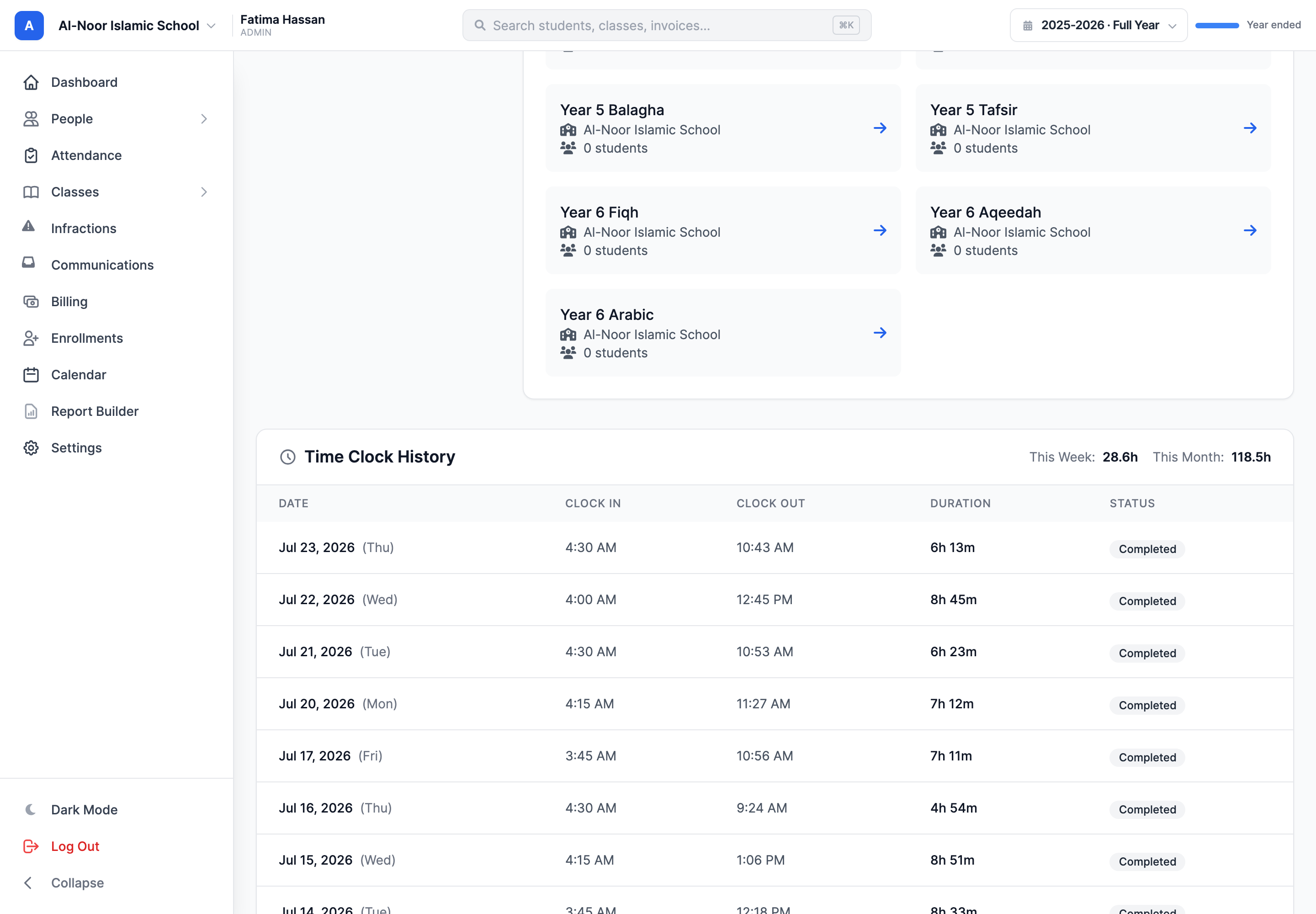 The Time Clock History table on a teacher's profile, showing columns for Date, Clock In, Clock Out, Duration, and Status, with This Week and This Month hour totals in the header.